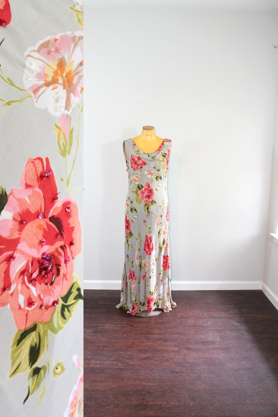 1990s Majick Grey Floral Bias Cut Gown // Large t… - image 1