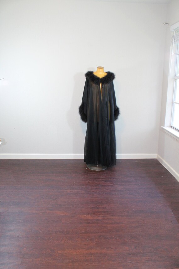 1960s Sheer Black Nylon Marabou Feather Long Robe