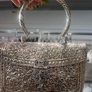 Vintage-Inspired Silver Metal Clutch | Hand-Engraved Floral Indian Purse | Bridal Box Bag with Handle