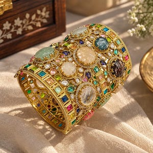 Sabyasachi Inspired Multicolor Stone Cuff Bracelet, Gold Tone Indian Statement Kada, Colorful Bridal Bangle, Kundan Style Wedding Jewelry