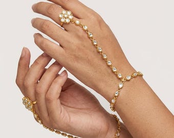 Kundan Hathphool Bracelet Ring: Gold-Tone Hand Harness for Brides (Set of 2)