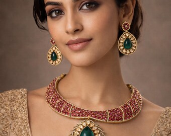 Kundan Polki Choker Necklace Set: Ruby & Emerald Indian Jewelry
