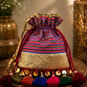 Multicolor Indian Potli Bag, Traditional Drawstring Bag, Gold Brocade Clutch, Embroidered Ethnic Purse, Wedding Bag, Festive Gift