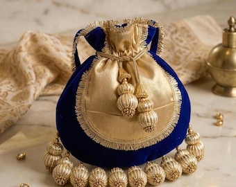 Handcrafted Golden Blue Embroidered Potli Bag
