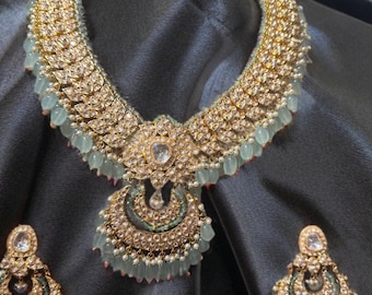 Mint Green Kundan Polki Necklace Set | Chandbali Bridal Jewelry