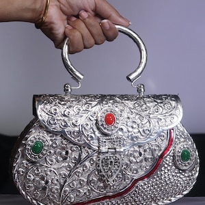 Handcrafted Silver Metal Handbag with Red & Green Gemstone Accents – Vintage Engraved Party Purse