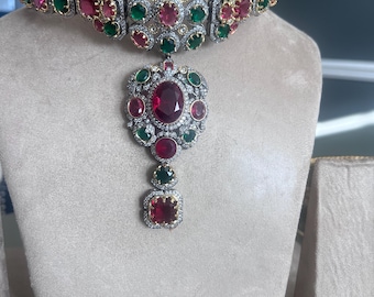 Sabyasachi Inspired Royal Ruby Red & Silver American Diamond Choker Necklace Set