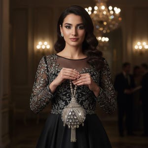 Silver Kundan Potli Bag | Ornate Crystal & Tassel Evening Purse