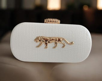 Sabyasachi Inspired Textured Clutch with Gold Panther Emblem