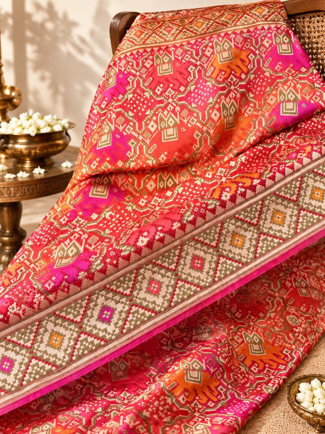 Pure Banarasi Silk Dupatta Handwoven Orange Pink Zari Stole