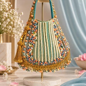 Multicolor Beaded Potli Bag, Pearl Embellished Indian Wedding Purse, Bridal Drawstring Bag, Festive Statement Handbag