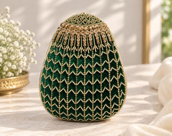 Emerald Green Beaded Clutch Bag, Gold Embellished Indian Wedding Purse, Bridal Evening Bag, Velvet Statement Clutch, Festive Handbag