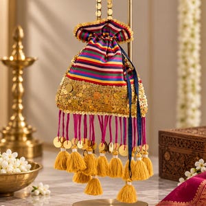 Handcrafted Multicolor Indian Potli Bag, Traditional Sequin Wedding Bag, Embroidered Festive Clutch, Ethnic Bridal Purse, Tassel Bag