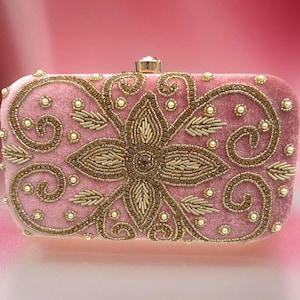 Blush Pink Velvet Clutch | Hand Embroidered Pearl Bead Evening Bag | Indian Wedding Party Purse
