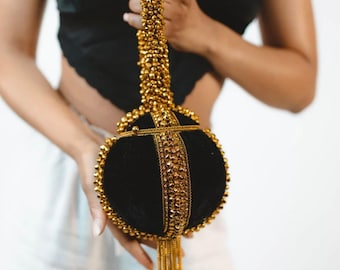 Handcrafted Black Velvet Potli Bag | Gold Beaded Indian Clutch
