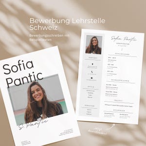 May include: Two-page resume template with a photo of a smiling woman. The resume includes sections for contact information, skills, education, and references. The text "Sofia Pantic" is prominently displayed. The resume is in black and white.
