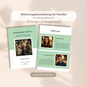 May include: A digital template for a housing application titled Wohnungsbewerbung für Familie, featuring a mint green and white layout. It includes sections for personal profiles, photos, and contact details, with a Microsoft Word label at the bottom.