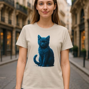 Vibrant Midnight Blue Cat Unisex Softstyle T-Shirt, Fashionable Cityscape Woman Tee, Fantasy Cat Design, Urban Streetwear, Cat Lover Gift,
