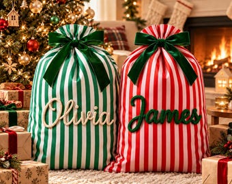 Großer personalisierter Weihnachtssack, Geschenktüte mit individuellem Namen und Seil, gestreifte Weihnachtsgeschenktüte, wiederverwendbarer Weihnachtssack für Kinder