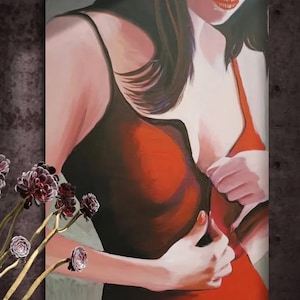 Elegant Sensuality: Bold and Expressive Figurative Painting of a Woman in a Red Dress – Modern Fine Art for Sophisticated Interiors