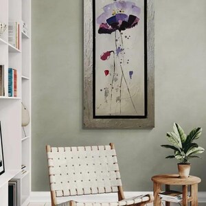 Whispers in Violet – Modern Vertical Floral Painting with Abstract Lavender Blooms & Elegant Texture on Silver Canvas