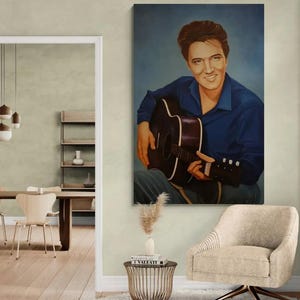 Vintage Music Icon Portrait: Realistic Hand-Painted Art of a Charismatic Guitarist – Retro Vibes for Music Lovers and Collectors