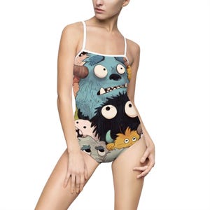 Whimsical Monster Print Women&#39;s One-Piece Swimsuit, Fun Beachwear, Summer Swim, Unique Holiday Gift, Playful Pool Outfit