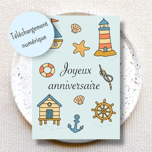 Carte anniversaire thème marin, jolie carte nautique aquarelle, carte anniversaire à imprimer, cadeau 30 ans, anniversaire PDF à imprimer