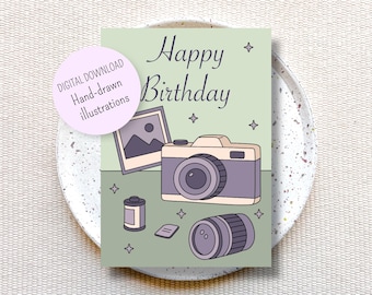 Printable birthday card for photographer, hand-drawn birthday card to print at home, instant download birthday card, gift for photographer