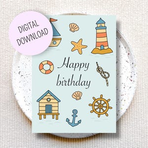 Carte anniversaire thème marin, jolie carte nautique aquarelle, carte anniversaire à imprimer, cadeau 30 ans, anniversaire PDF à imprimer