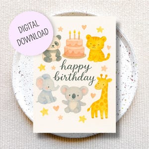 Carte anniversaire enfant à imprimer, carte d’anniversaire pastel safari, carte anniversaire animaux jungle pour bébé, cadeau pour bébé