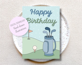 Downloadbare en afdrukbare verjaardagskaart, verjaardagskaart voor golfliefhebbers, verjaardagskaart voor golfers
