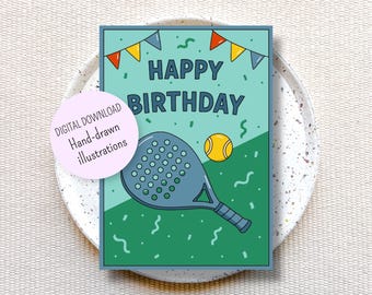 Biglietto di auguri di compleanno da scaricare e stampare a casa, biglietto di auguri per un appassionato di padel, biglietto di auguri per un giocatore di padel