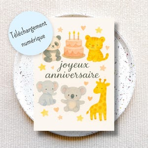 Printable animal birthday card for children and adults, cute jungle animals birthday card, gift for baby and children, PDF card for birthday