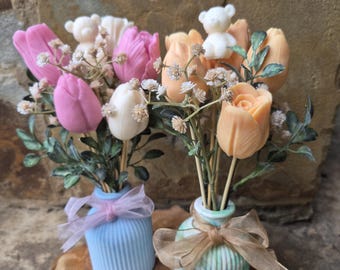 Mini Tulip Wax Melt Bouquet | Pastel Flower Wax Melts in Vase | Spring Decor | Handmade Soy Wax Melts