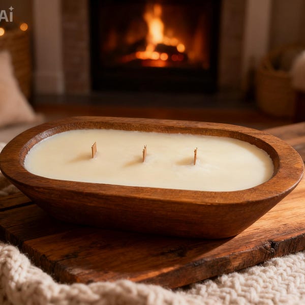 Dough Bowl Candle with Wooden Wicks – Rustic Farmhouse Soy Candle – Hand Poured Neutral Home Decor – Crackling Wood Wick Gift