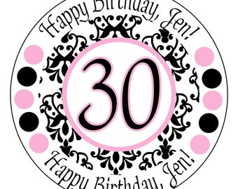 30th birthday stickers - pink damask birthday stickers - custom pink and black 30th birthday stickers - custom 30th birthday labels