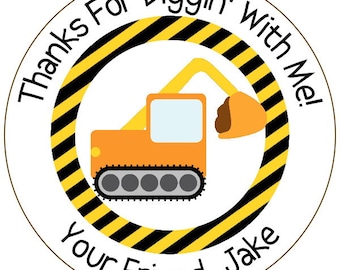 construction digger birthday stickers - thanks for diggin with me stickers - construction birthday labels - custom excavator stickers