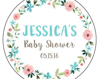 baby shower stickers - watercolor floral wreath baby shower stickers - custom flower wreath baby labels - pink and blue flower stickers
