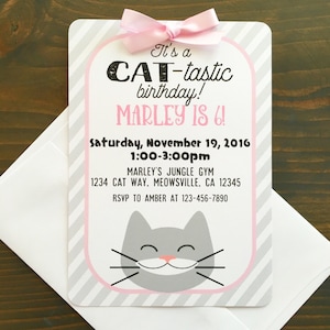 12 chat invitations d’anniversaire, chat fête invitation, invitation chat gris rose, rayé kitty cat invitation, imprimé chat inviter
