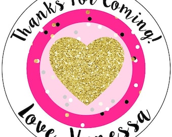 hot pink birthday party stickers - thanks for coming party stickers - custom hot pink and gold wedding stickers - gold glitter sticker