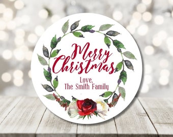 christmas stickers - floral wreath holiday stickers - personalized christmas floral wreath stickers - christmas flowers labels