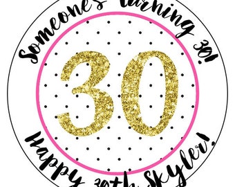 30th birthday stickers - pink and black 30th party stickers - thirtieth birthday labels - gold glitter birthday stickers