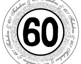 60th birthday stickers - silver and black party stickers - sixtieth birthday labels - silver glitter birthday stickers