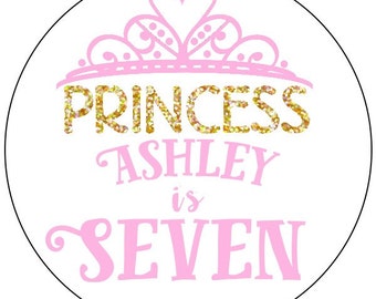 princess party stickers - crown party labels - pink and gold princess tiara birthday stickers