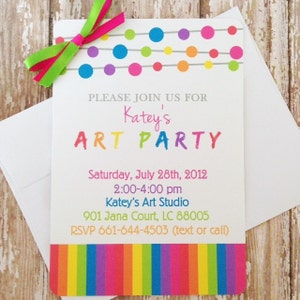 May include: A colorful invitation to an art party for Katey. The invitation features a string of colorful circles and a rainbow striped border. The text reads "Please join us for Katey's Art Party, Saturday, July 28th, 2012, 2:00-4:00 pm, Katey's Art Studio, 901 Jana Court, LC 88005, RSVP 661-644-4503 (text or call)"