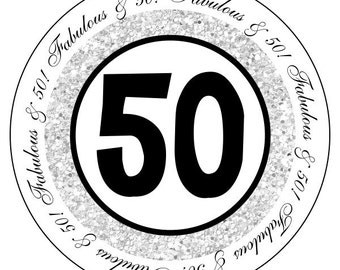 50th birthday stickers - silver and black party stickers - fiftieth birthday labels - silver glitter birthday stickers