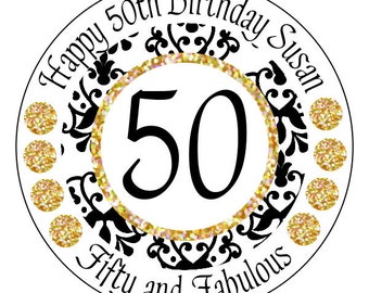 gold 50th birthday stickers - gold and black 50 and fabulous stickers - black damask fiftieth birthday labels - custom 50th birthday labels