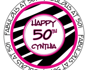 50th birthday stickers - fabulous at 50 stickers - pink and black birthday labels - pink and black zebra - pink 50th birthday