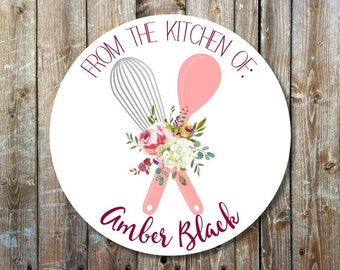 from the kitchen of stickers - floral gift stickers - made for you labels - watercolor floral stickers - kitchen whisk and spoon labels